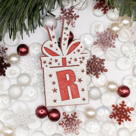 Initial Ornament, Monogram Ornament, Glitter Christmas present, Gift Box Ornament, Christmas Tree Ornament, Wooden Custom Ornament