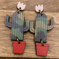 Blooming Cactus Earrings, Dangle earrings, Handmade jewelry, Potted Desert Cactus, Southwestern Jewelry, Camouflage