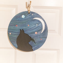 Cat Wall hanging, Celestial decor, Feline and moon home decor, Cat staring into space wall art