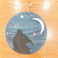 Cat Wall hanging, Celestial decor, Feline and moon home decor, Cat staring into space wall art