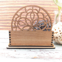 Business Card Holder, Desk Card Holder, Floral Mandala Gift for office, personalized wooden desktop card display