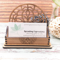 Business Card Holder, Desk Card Holder, Floral Mandala Gift for office, personalized wooden desktop card display