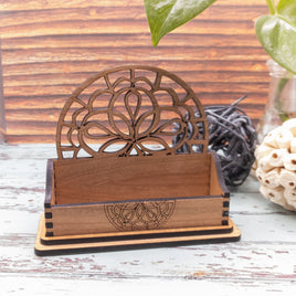 Business Card Holder, Desk Card Holder, Floral Mandala Gift for office, personalized wooden desktop card display