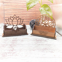 Business Card Holder, Desk Card Holder, Floral Mandala Gift for office, personalized wooden desktop card display