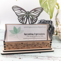 Butterfly Business Card Holder for desk, Floral Desk Card Holder, Nature Gift for office, personalized wooden desktop card display