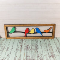Birds on a wire with Rustic Frame, wooden wall hanging, Handmade wall art, Home Decor, Colorful Birds