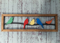 Birds on a wire with Rustic Frame, wooden wall hanging, Handmade wall art, Home Decor, Colorful Birds