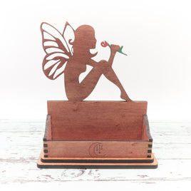 Fairy Smelling Rose, Business Card Holder for desk, Desk Card Holder, Winged Fairy, Mystical Decor