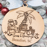 Santa on the beach custom Christmas Ornament, Personalized Gift Tag, Coastal Christmas, handmade