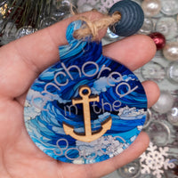 Anchored in the South Christmas Ornament, Nautical Christmas Tree Ornament, Anchor and waves Gift Tag, Coastal Christmas, handmade